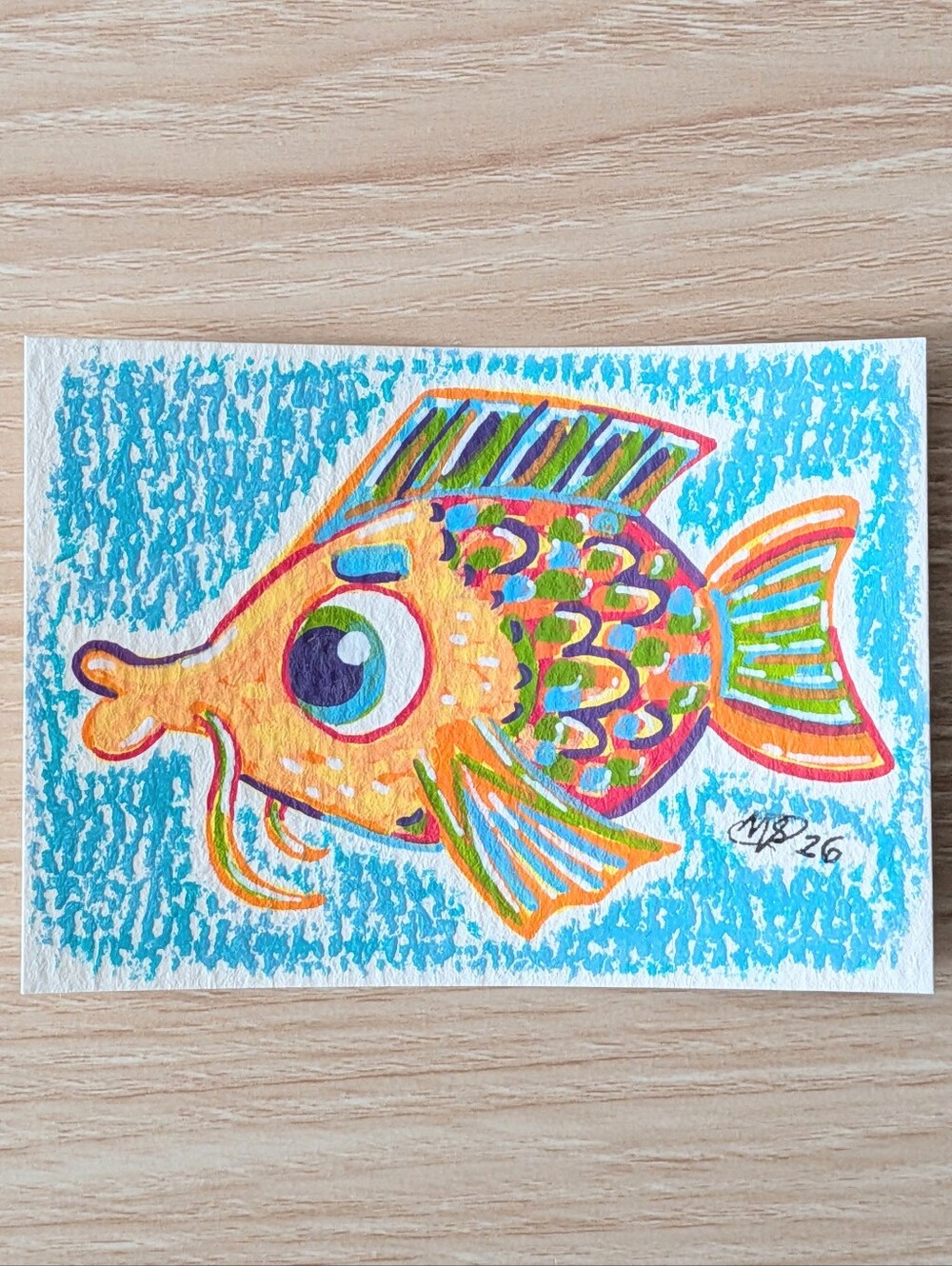 ACEO Original Cute Rainbow Fish Acrylic Marker/Crayon Art Card By Mattoodles